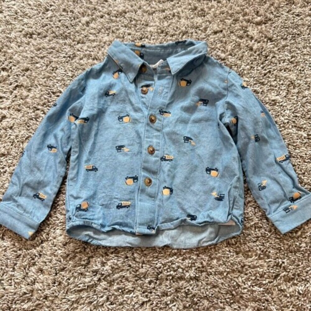 Petit Lem Baby PL Baby 18M Blue Button Front Collared Shirt‎ Construction Trucks